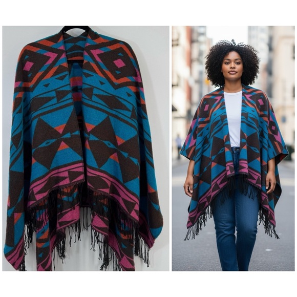 Jackets & Blazers - Bohemian Teal Southwestern Print Ruana
Wrap Poncho With Fringe Aztec